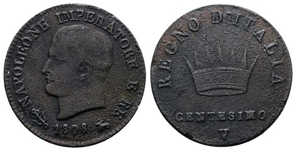 VENEZIA. Regno d'Italia. Napoleone I (1805-1814). 1 centesimo 1808. Cu; 2,1gr; Gig. 236; Raro; MB