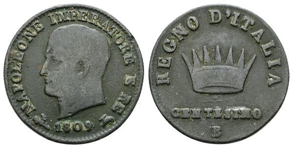 BOLOGNA. Regno d'Italia. Napoleone I (1805-1814). 1 centesimo 1809. Cu; 2,1gr; Gig. 237; Raro; MB