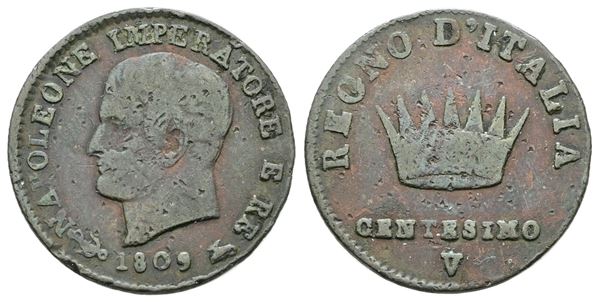 VENEZIA. Regno d'Italia. Napoleone I (1805-1814). 1 centesimo 1809. Cu; 2,1gr; Gig. 239; Raro; MB