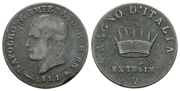 VENEZIA. Regno d'Italia. Napoleone I (1805-1814). 1 centesimo 1811. Cu; 2,1gr; Gig. 244; Raro; MB