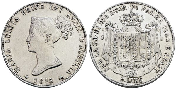 PARMA. Maria Luigia d'Austria (1815-1847). 5 lire 1815. Ag; 25gr; Gig. 5. NC; BB/SPL, colpetti al bordo
