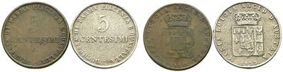 Maria Luigia d'Austria, 5 centesimi 1830 - Lotto di 2 esemplari, di cui uno argentato (probabile ...