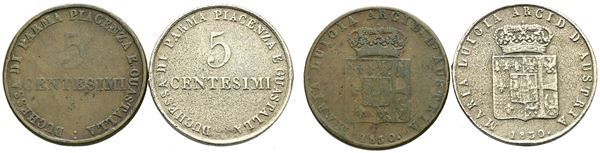 PARMA. Maria Luigia d'Austria (1815-1847). 5 centesimi 1830. Lotto di 2 esemplari di cui uno argentato (probabile falso). Conservazioni varie. Cu; Gig. 14
