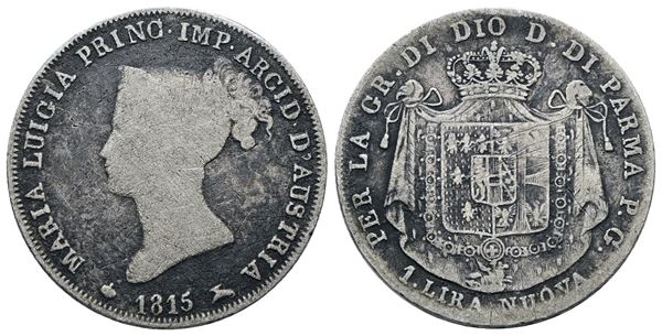 PARMA. Maria Luigia d'Austria (1815-1847). 1 lira 1815. Ag; 5gr; Gig. 9; Raro; MB/BB