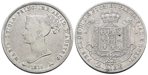 PARMA. Maria Luigia d'Austria (1815-1847). 2 lire 1815. Ag; 10gr; Gig. 8; Raro; Q.BB/BB