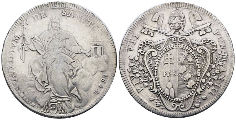 Pio VII, Scudo 1802 A.III. Ag; 26,49 gr; Gig. 22