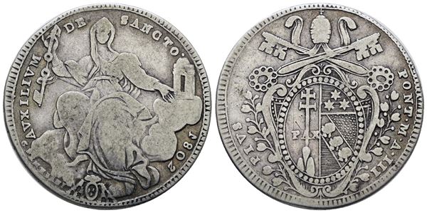 STATO PONTIFICIO. ROMA. Pio VII (1800-1823). Mezzo scudo 1802 A.III. Ag; 13,25gr; Gig.34; RR; Q.BB