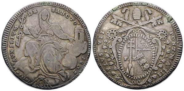 STATO PONTIFICIO. ROMA. Pio VII (1800-1823). Mezzo scudo 1802 A.III. Ag; 13,25gr; Gig.34; RR; BB; Ex mount