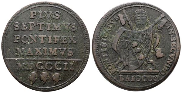 STATO PONTIFICIO. ROMA. Pio VII (1800-1823). Baiocco 1802. Cu; 12gr; Gig.54; BB