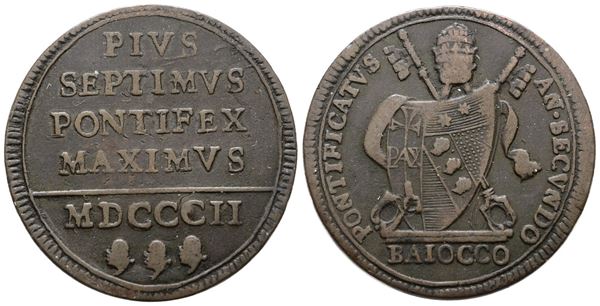 STATO PONTIFICIO. ROMA. Pio VII (1800-1823). Baiocco 1802. Cu; 12gr; Gig.54; BB