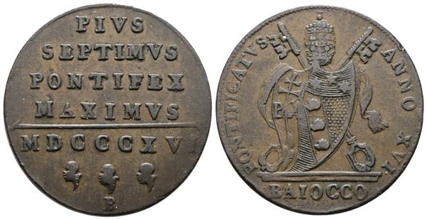 STATO PONTIFICIO. BOLOGNA. Pio VII (1800-1823). Baiocco 1816 Anno XVI. Cu; 12gr; Gig.58; BB+