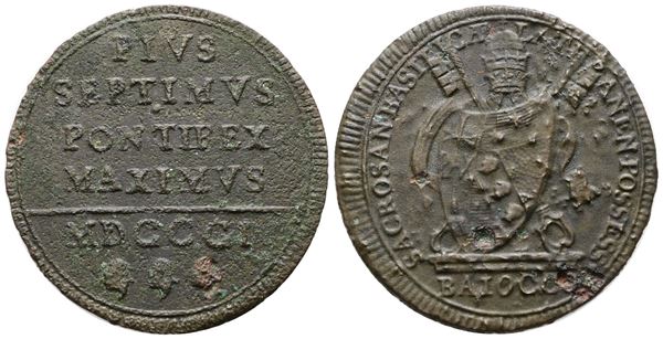 STATO PONTIFICIO. ROMA. Pio VII (1800-1823). Baiocco 1801. Cu; 12gr; Gig.53; MB/BB