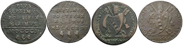 STATO PONTIFICIO. Pio VII (1800-1823). Lotto di 2 monete da 1 Baiocco 1801 e 1816. Cu; Conservazioni varie.