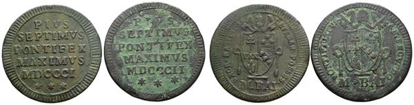 STATO PONTIFICIO. ROMA. Pio VII (1800-1823). Lotto di 2 monete da 1 Baiocco 1801 e 1802. Cu; Conservazioni varie.