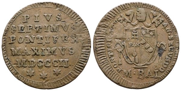 STATO PONTIFICIO. ROMA. Pio VII (1800-1823). Mezzo baiocco 1802. Cu; 6gr; Gig.62; BB+