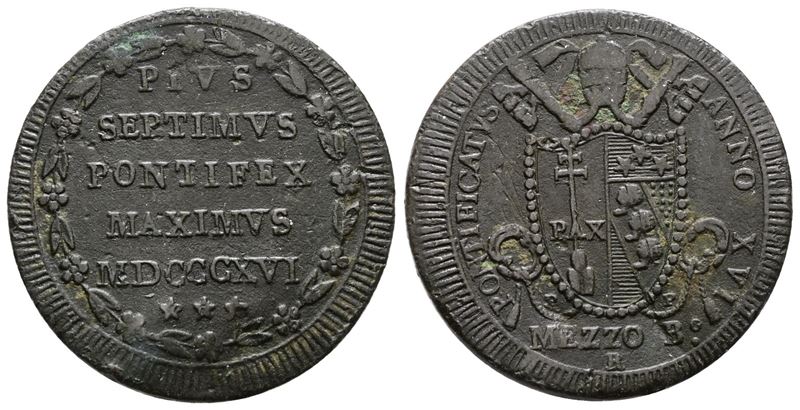 STATO PONTIFICIO, Pio VII (1800-1823), Mezzo baiocco del 1816, Anno XVI