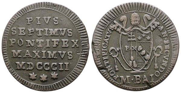 STATO PONTIFICIO. ROMA. Pio VII (1800-1823). Mezzo baiocco 1802. Cu; 6gr; Gig.62; BB+