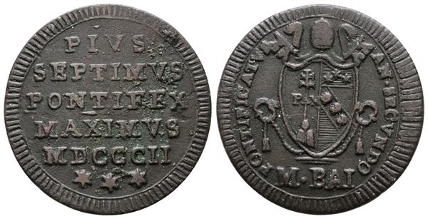 STATO PONTIFICIO. ROMA. Pio VII (1800-1823). Mezzo baiocco 1802. Cu; 6gr; Gig.62; BB