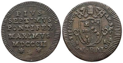 Stato Pontificio. Roma. Pio VII (1800-1823). Mezzo Baiocco 1802. Cu; 6gr; Gig.62; Bb+