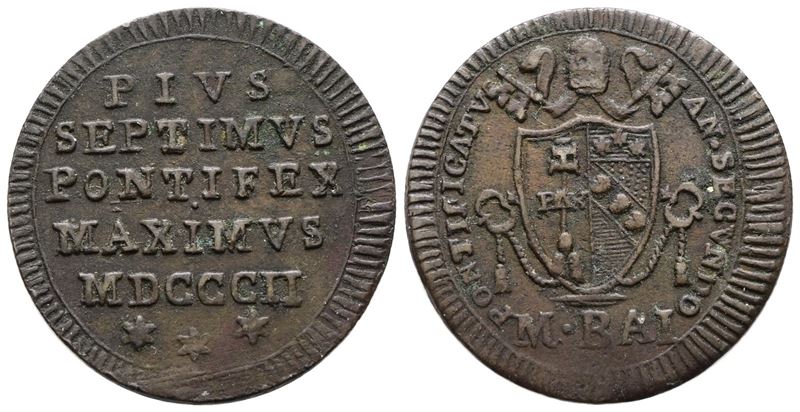 Stato Pontificio. Roma. Pio VII (1800-1823). Mezzo Baiocco 1802. Cu; 6gr; Gig.62; Bb+