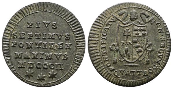 STATO PONTIFICIO. ROMA. Pio VII (1800-1823). Quattrino 1802. Cu; 2,4gr; Gig.71; BB/SPL