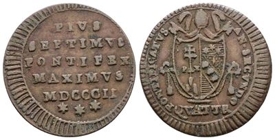 Pio VII, Quattrino 1802, Cu; 2,4 gr; Gig. 70
