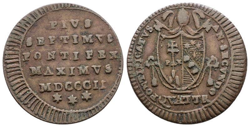 Pio VII, Quattrino 1802, Cu; 2,4 gr; Gig. 70