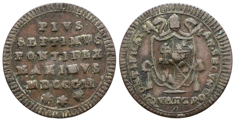 Stato Pontificio. Roma. Pio VII (1800-1823). Quattrino 1802. Cu; 2,4gr; Gig.72; Q.bb