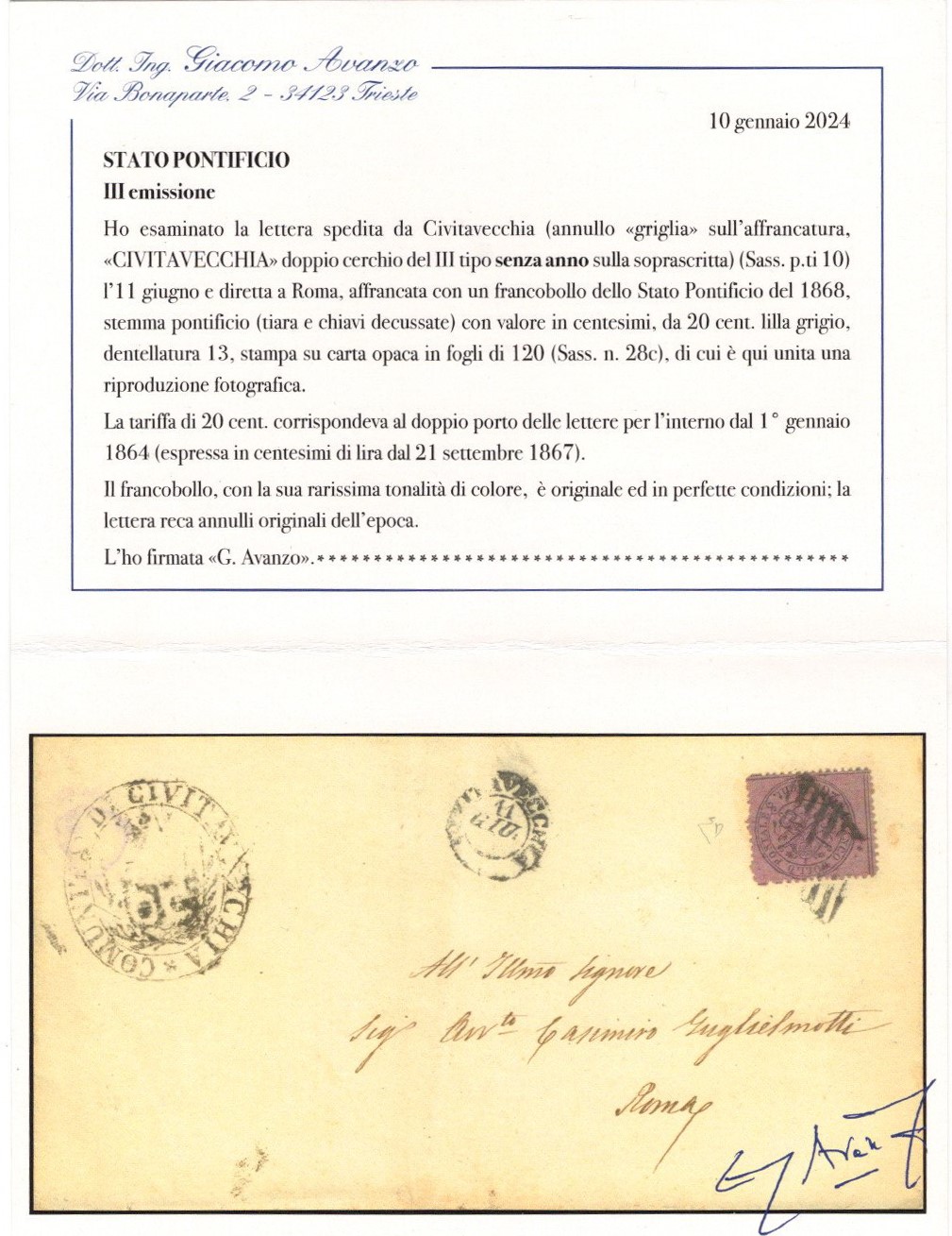 Pontificio, 20 centesimi Lilla Grigio n.28c, III Emissione
