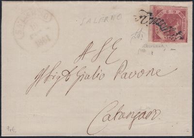 Lettera da Salerno affrancata, 1861, con 2gr. di carminio cupo n.5g e svolazzo tipo 27