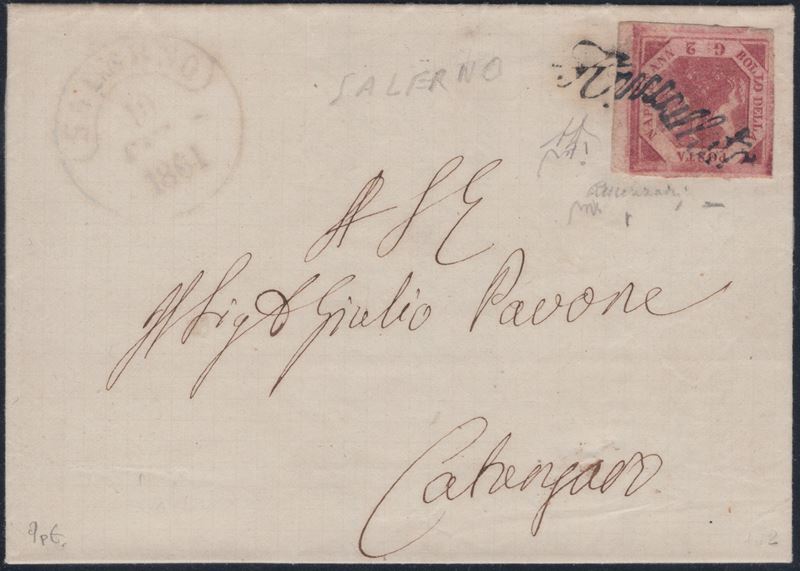 Lettera da Salerno affrancata, 1861, con 2gr. di carminio cupo n.5g e svolazzo tipo 27