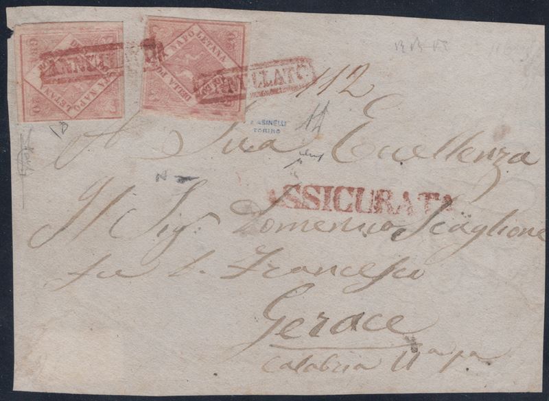 Napoli - Storia Postale, Fronte di lettera assicurata affrancata con due esemplari del 20 gr. II ...
