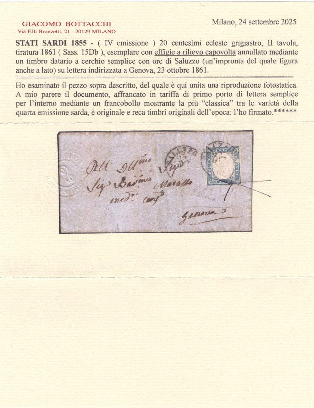 Sardegna, 20 centesimi con effige capovolta, 1861
