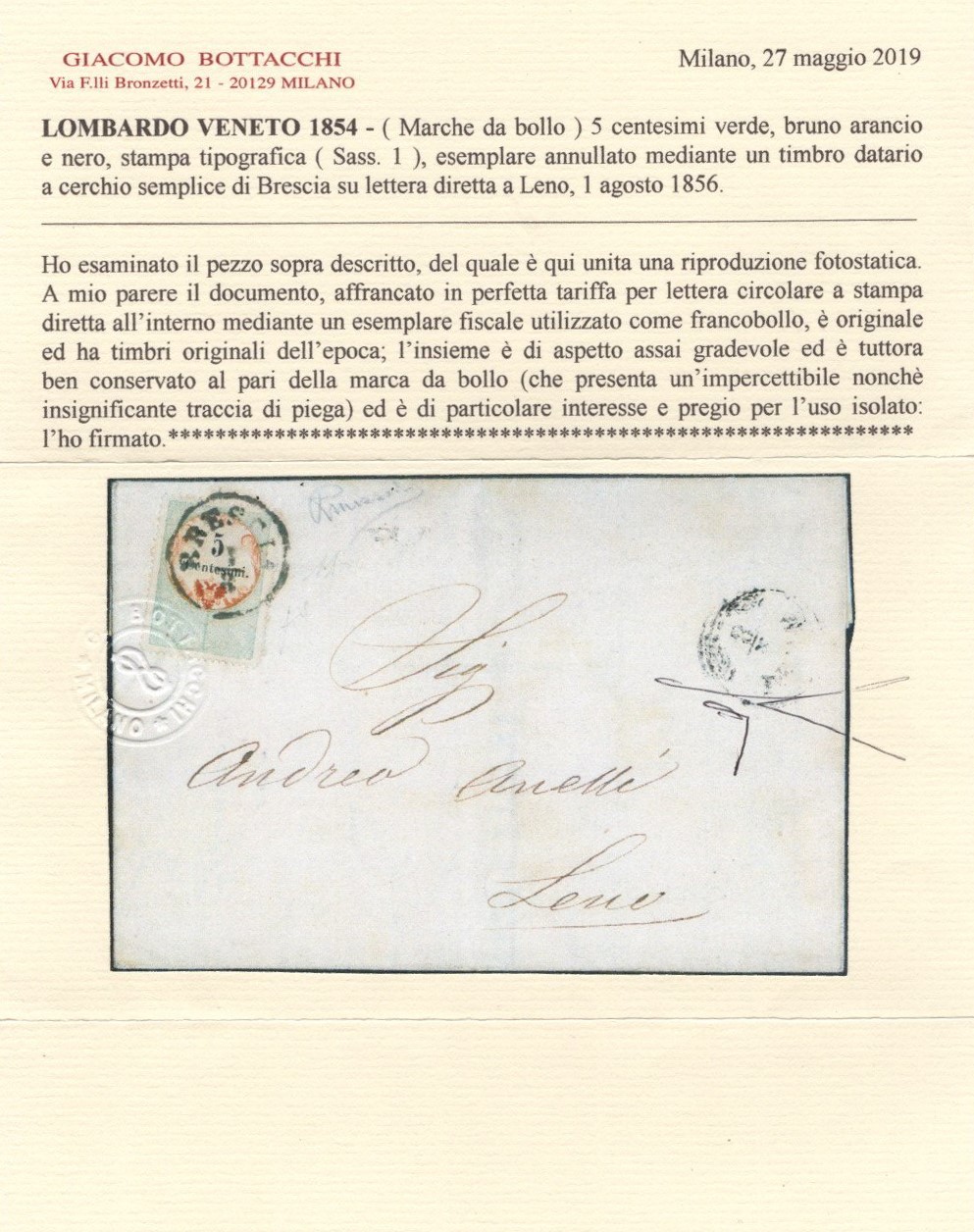 Lombardo Veneto - Marche da bollo usate per posta, 5cent. isolato.