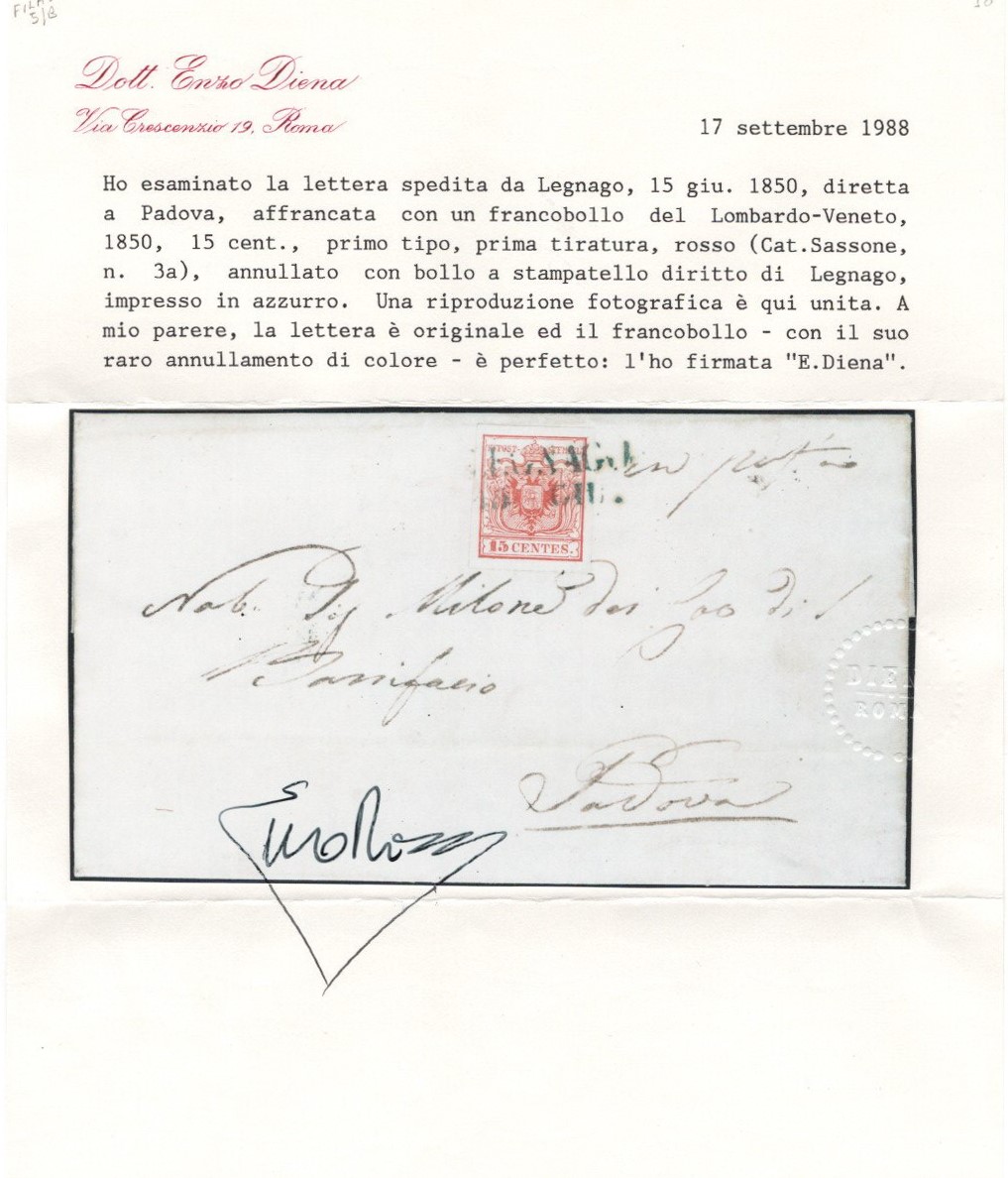 Lombardo Veneto - Annullamenti, Legnago in azzurro (pt.12) I° mese d'uso.