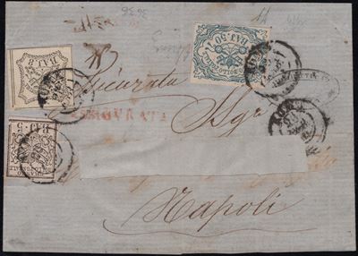 Pontificio, Raccomandata da Roma per Napoli 1852 affrancata con 50 baj. n.10, 8 baj. n.9 e 5 baj....