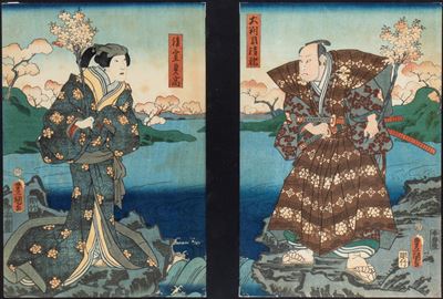 Utagawa Kunisada (Toyokuni III), Coppia di xilografie, 'Imoseyama onna teikin', Giappone