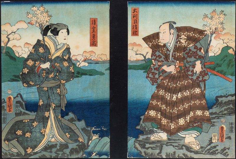 Utagawa Kunisada (Toyokuni III), Coppia di xilografie, 'Imoseyama onna teikin', Giappone