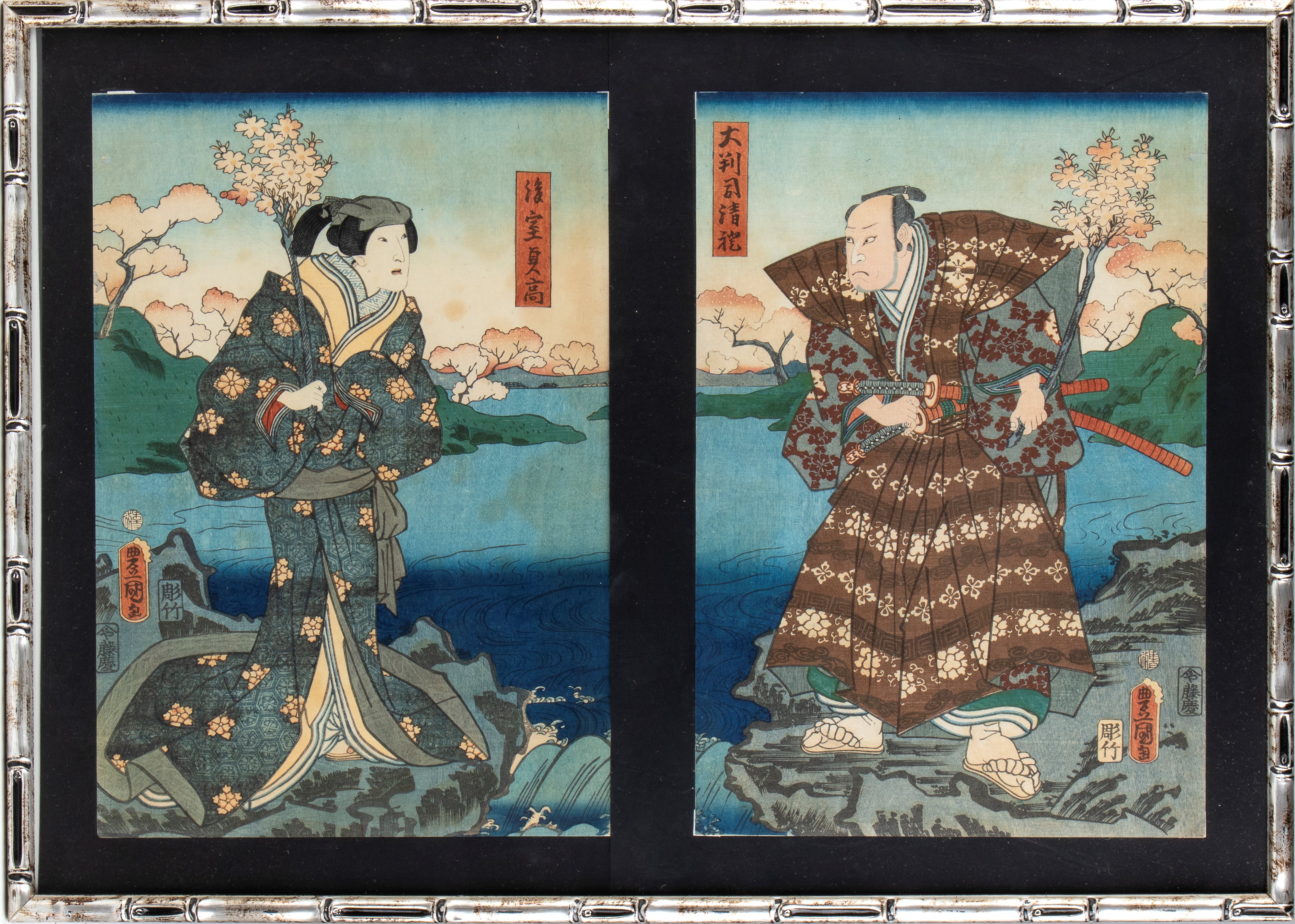 Utagawa Kunisada (Toyokuni III), Coppia di xilografie, 'Imoseyama onna teikin', Giappone