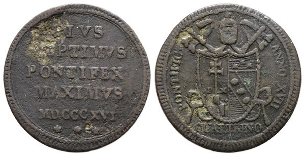 STATO PONTIFICIO. ROMA. Pio VII (1800-1823). Quattrino 1816. Cu; 2,37gr; Gig.74; NC; MB/BB