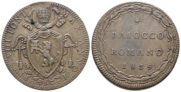 STATO PONTIFICIO. ROMA. Pio VIII (1829-1830). Baiocco 1829. Cu; 12,5gr; Raro; Gig.4; Q.SPL