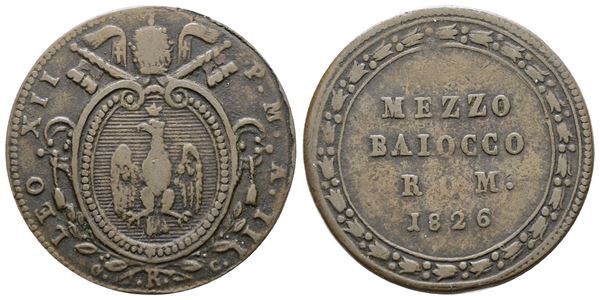 STATO PONTIFICIO. ROMA. Leone XII (1823-1829). Mezzo Baiocco 1826. Cu; 6,59gr; Gig. 13; BB