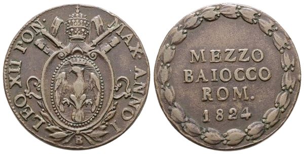 STATO PONTIFICIO. BOLOGNA. Leone XII (1823-1829). Mezzo Baiocco 1824. Cu; 6,59gr; Gig.11; BB+