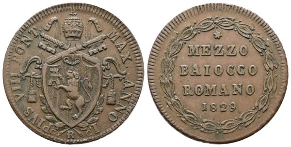 STATO PONTIFICIO. ROMA. Pio VIII (1829-1830). Mezzo Baiocco 1829. Cu; 6,59gr; Gig.5; Raro; SPL