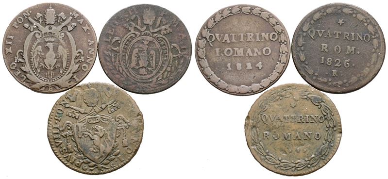 Stato Pontificio, Lotto di 3 monete da un quattrino, 1824-1826-1829