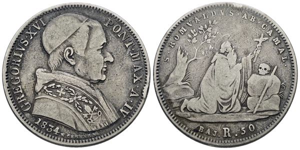 STATO PONTIFICIO. ROMA. Gregorio XVI (1831-1846). 50 baiocchi 1834. Ag; 13,21gr; Gig.84; MB, ex mount