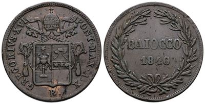 Stato Pontificio. Roma. Gregorio XVI (1831-1846). Baiocco 1840. Cu; 10,17gr; Gig.167; Bb