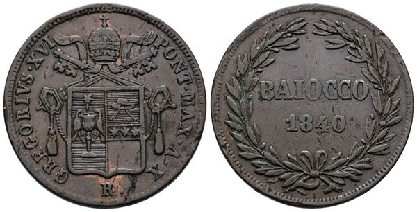 STATO PONTIFICIO. ROMA. Gregorio XVI (1831-1846). Baiocco 1840. Cu; 10,17gr; Gig.167; BB