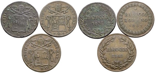 STATO PONTIFICIO. ROMA. Gregorio XVI (1831-1846). Lotto di 3 monete da 1 baiocco 1836-1831-1843. Cu; Conservazioni differenti.