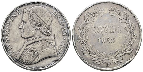 STATO PONTIFICIO. ROMA. Pio IX (1846-1870). Scudo 1853 anno VIII. Ag; 26,9gr; Gig.63; Q.BB; Colpi al bordo